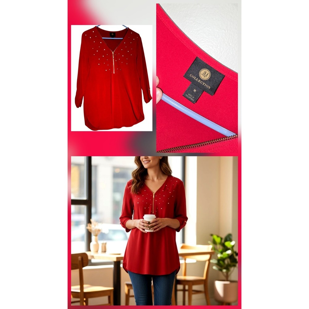 JM Floral Rhinestone Blouse Red Holiday Zip Gauze Statement Top‎ size Med